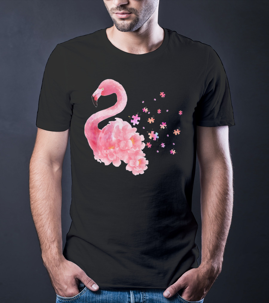 Flamingo Puzzle Autism Awareness Floral Elements T-Shirt