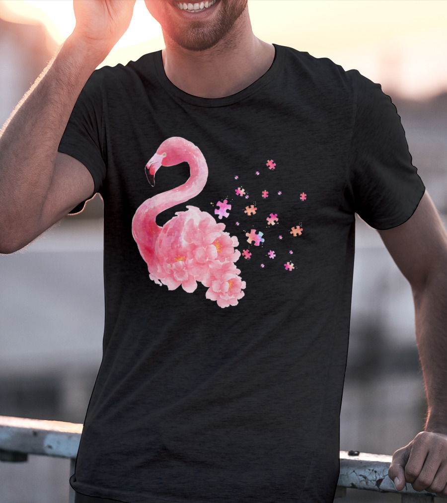 Flamingo Puzzle Autism Awareness Floral Elements T-Shirt