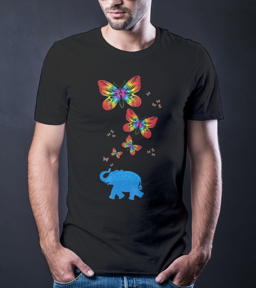 Neurodiversity Autism Elephant With Rainbow Butterflies T-Shirt