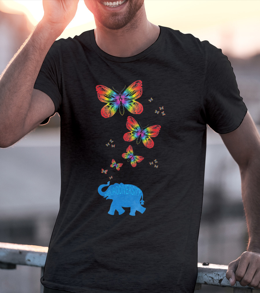 Neurodiversity Autism Elephant With Rainbow Butterflies T-Shirt