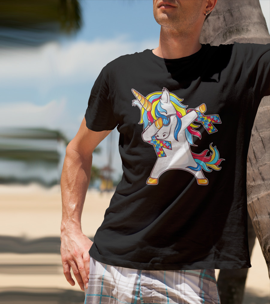 Autism Awareness Unicorn With Colorful Puzzle Dabbing Pose T-Shirt