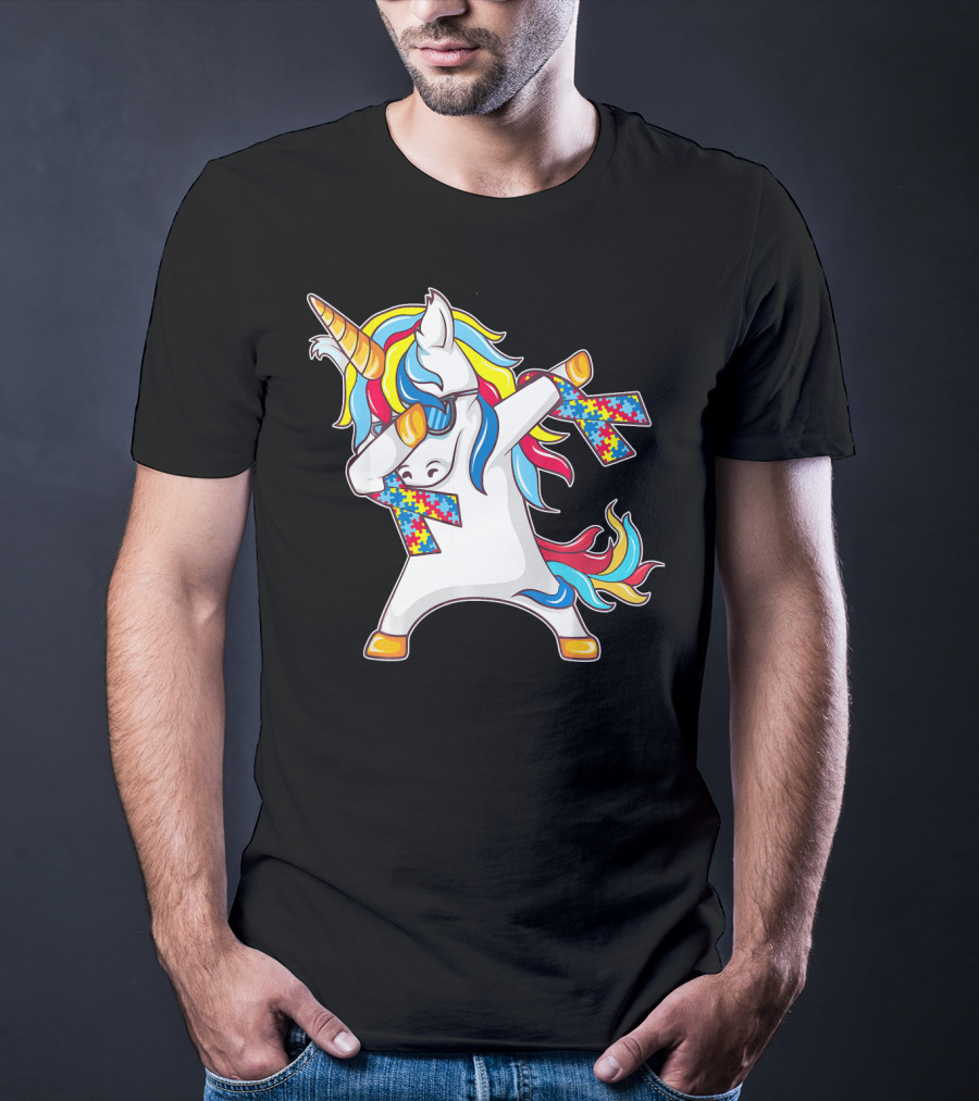 Autism Awareness Unicorn With Colorful Puzzle Dabbing Pose T-Shirt