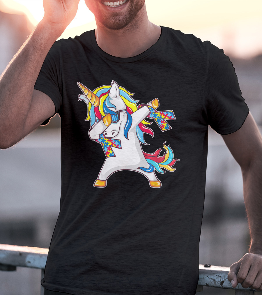 Autism Awareness Unicorn With Colorful Puzzle Dabbing Pose T-Shirt