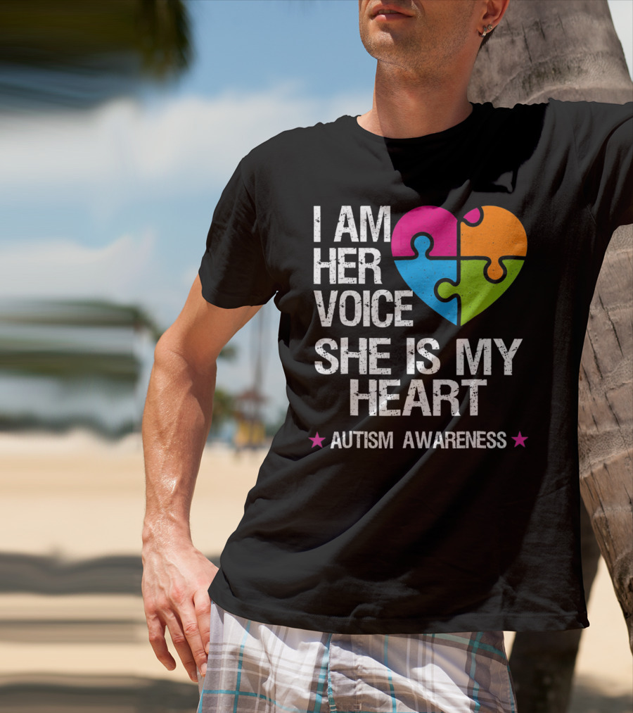 I Am Her Voice She Is My Heart Autism Awareness Puzzle Heart T-Shirt