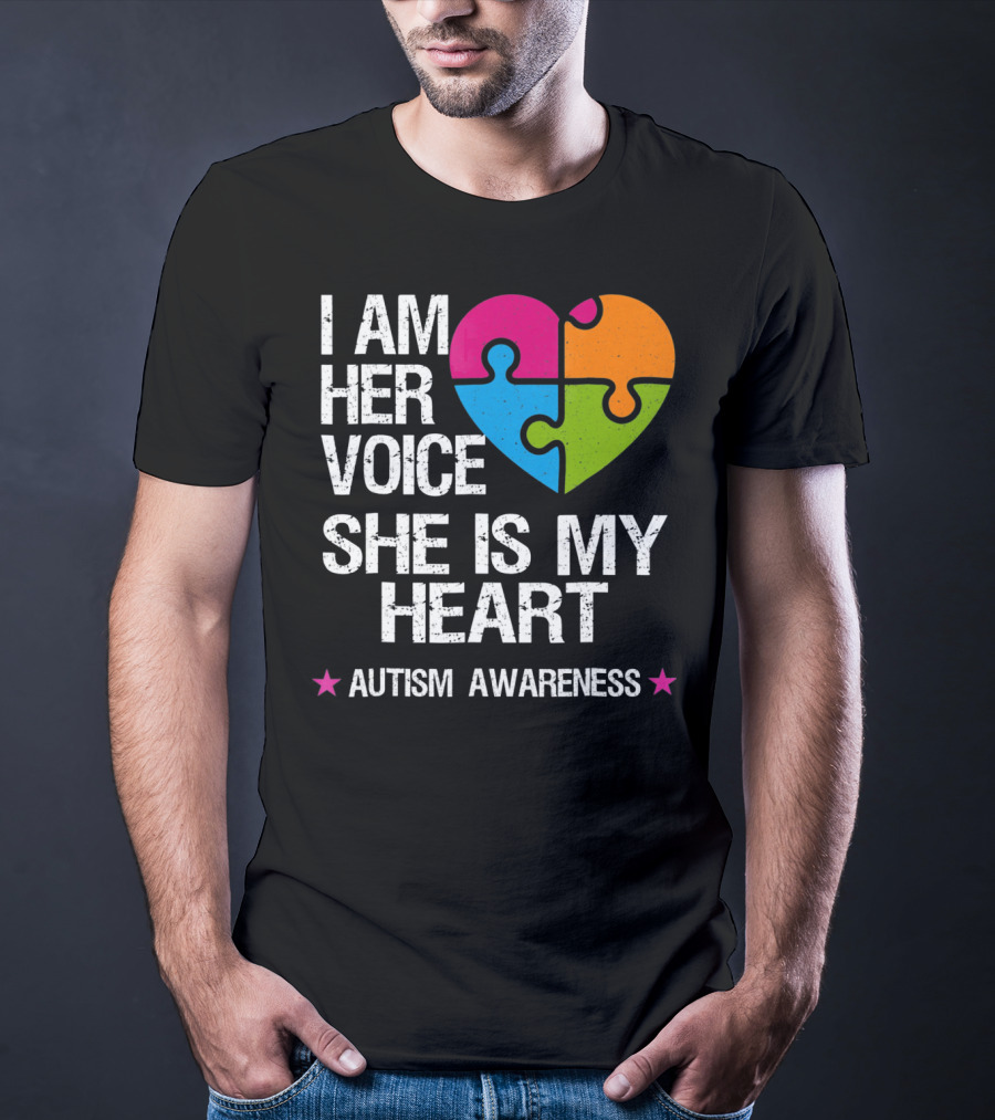 I Am Her Voice She Is My Heart Autism Awareness Puzzle Heart T-Shirt