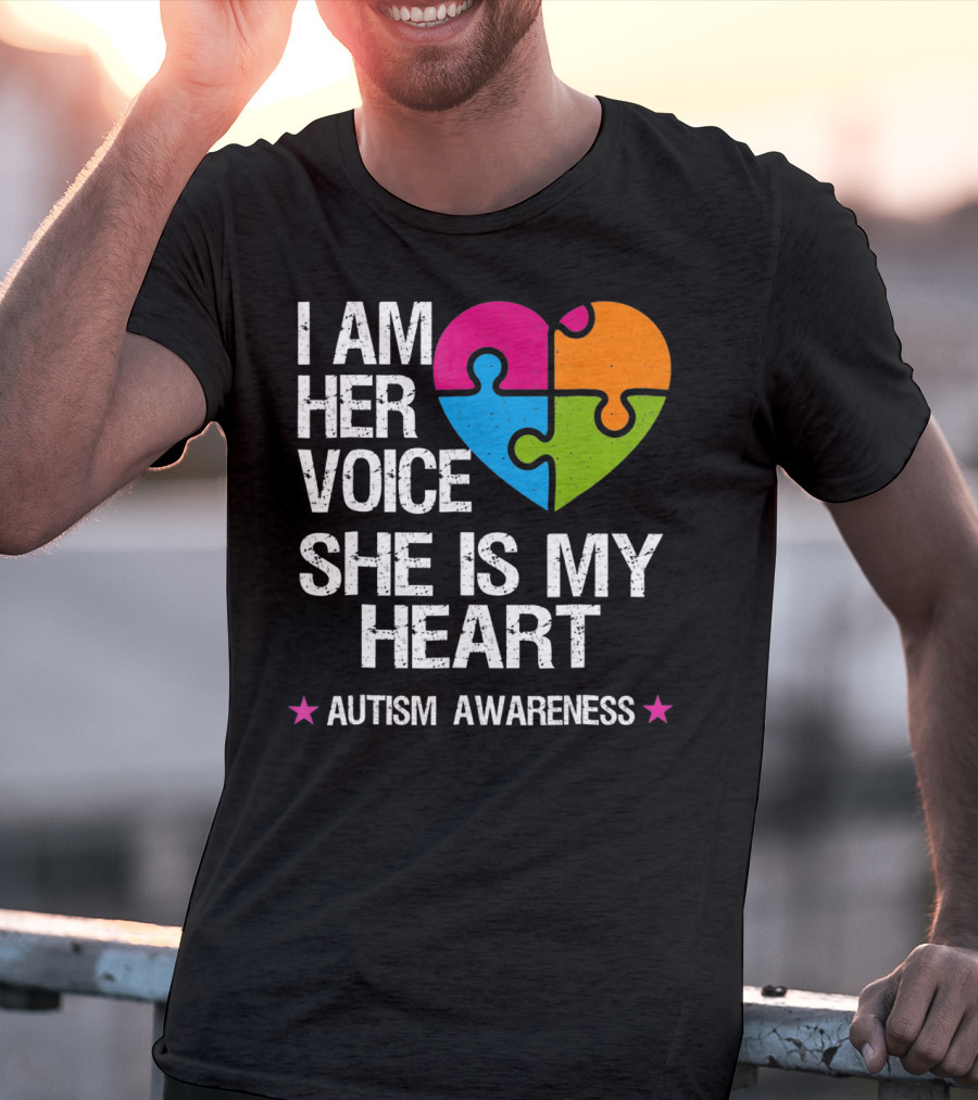 I Am Her Voice She Is My Heart Autism Awareness Puzzle Heart T-Shirt