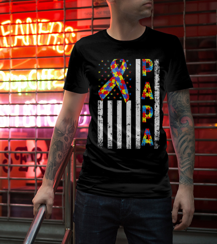 Papa Autism Awareness Puzzle Ribbon USA Flag T-Shirt