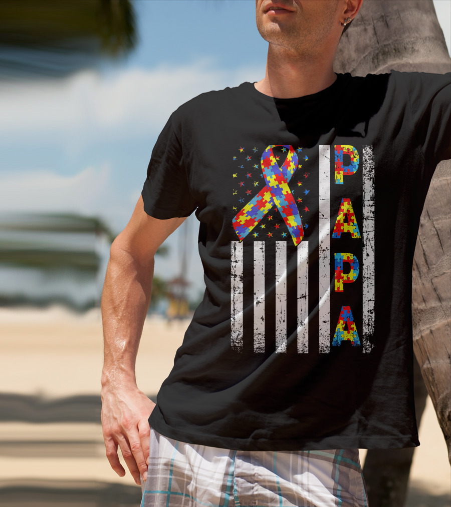 Papa Autism Awareness Puzzle Ribbon USA Flag T-Shirt