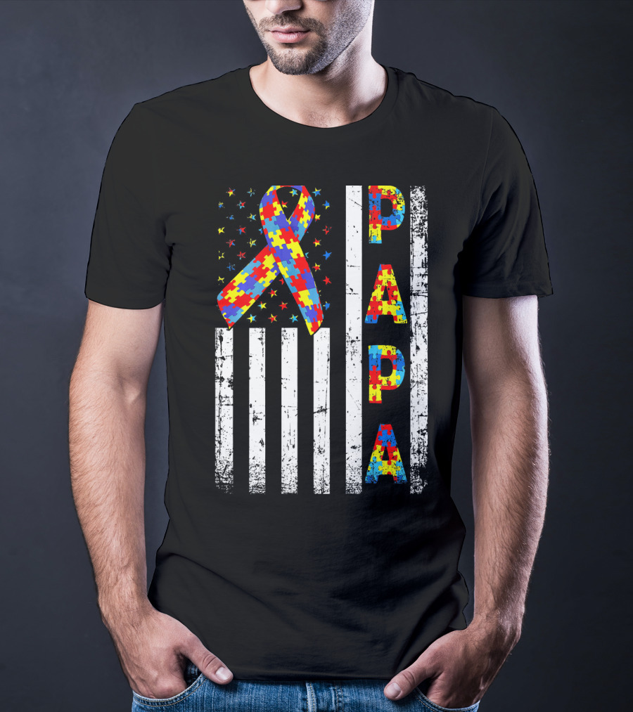 Papa Autism Awareness Puzzle Ribbon USA Flag T-Shirt