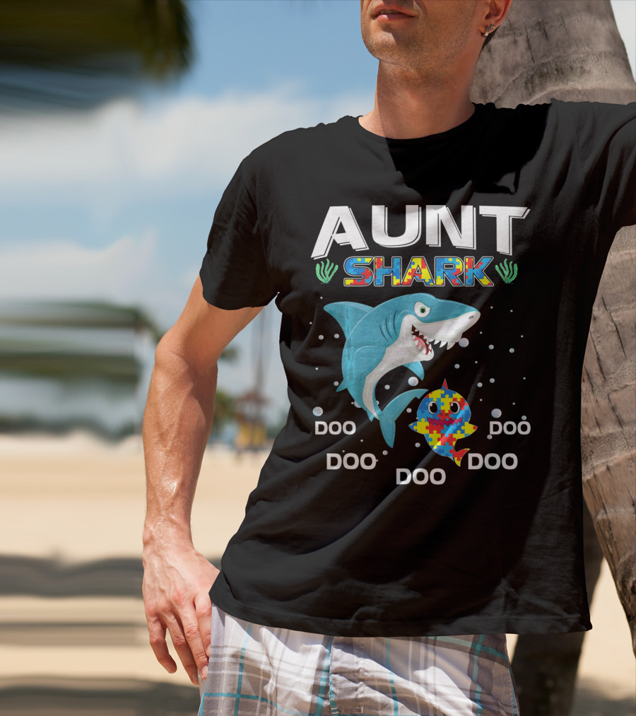 Aunt Shark Doo Doo Autism Awareness Puzzle Piece T-Shirt