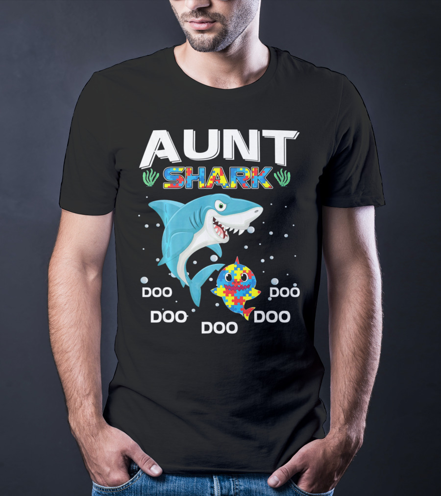 Aunt Shark Doo Doo Autism Awareness Puzzle Piece T-Shirt