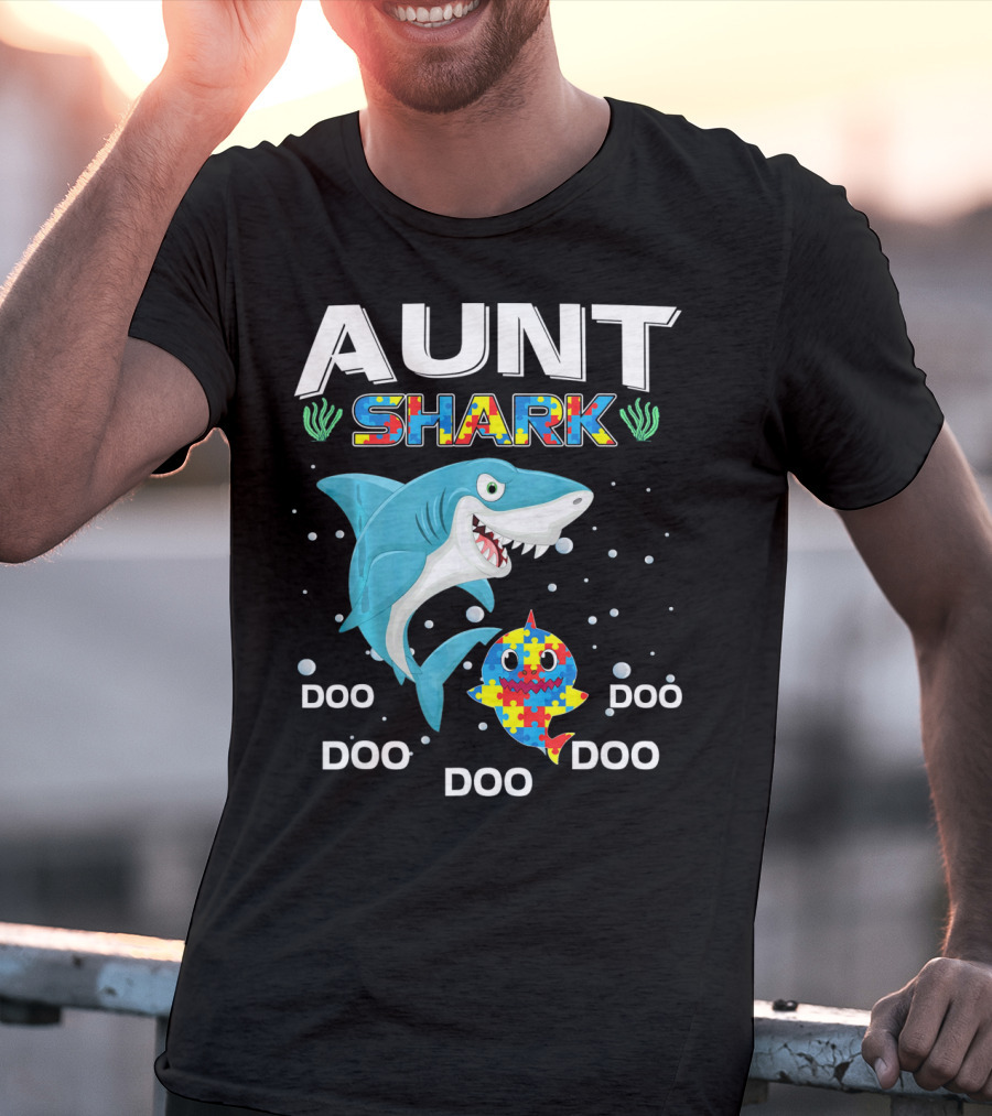 Aunt Shark Doo Doo Autism Awareness Puzzle Piece T-Shirt