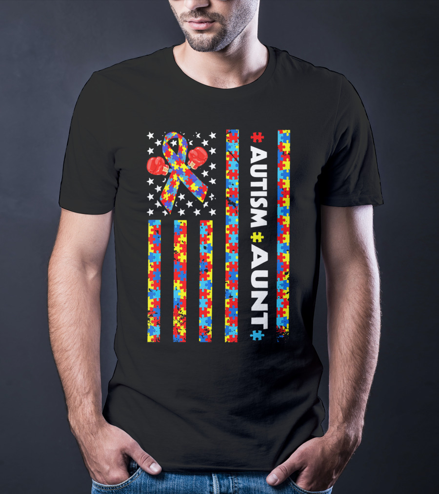 Autism Awareness Aunt American Flag Puzzle Ribbon And Boxing Gloves T-Shirt