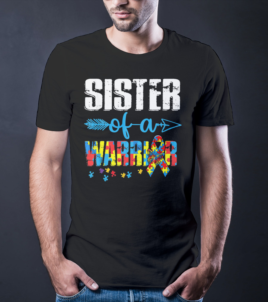 Sister Of A Warrior Puzzle Ribbon Autism Awareness T-Shirt