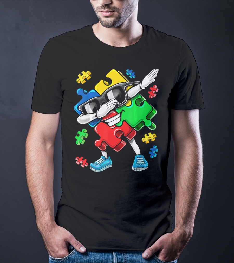 Autism Awareness Cool Dabbing Puzzle Piece Character T-Shirt