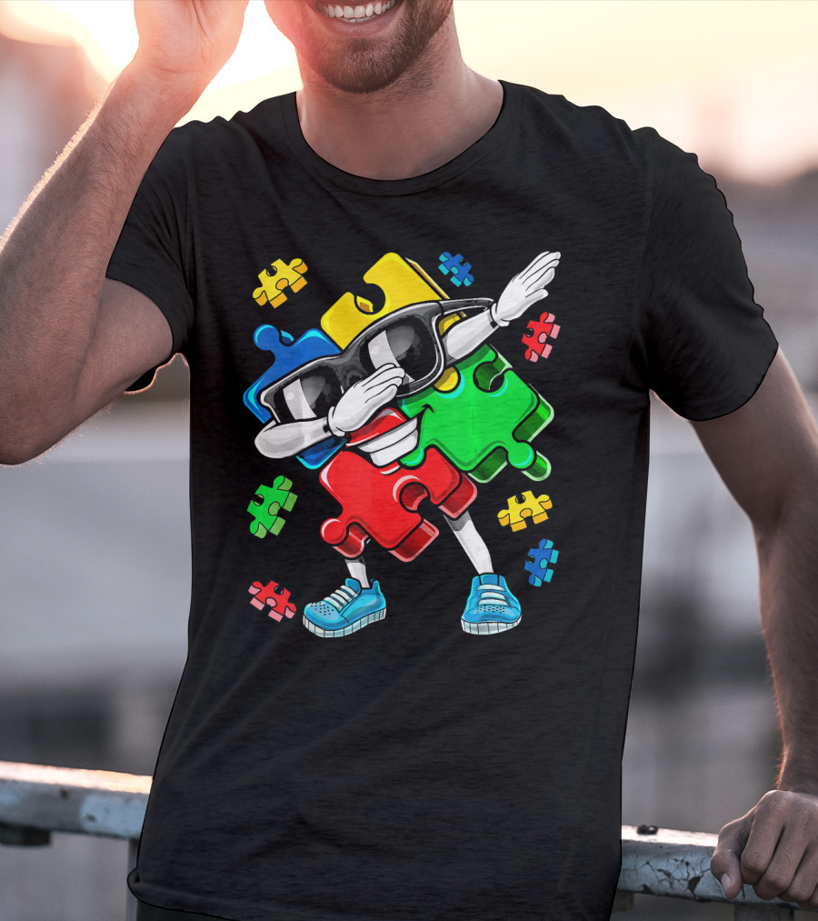 Autism Awareness Cool Dabbing Puzzle Piece Character T-Shirt
