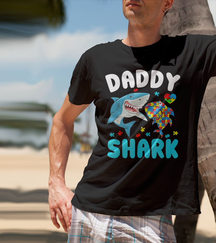 Daddy Shark Autism Awareness Puzzle Heart T-Shirt