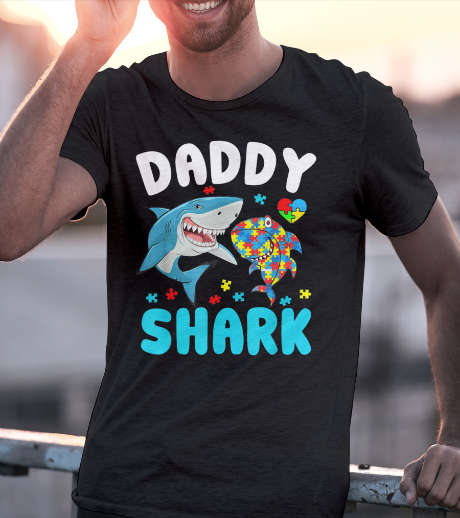 Daddy Shark Autism Awareness Puzzle Heart T-Shirt