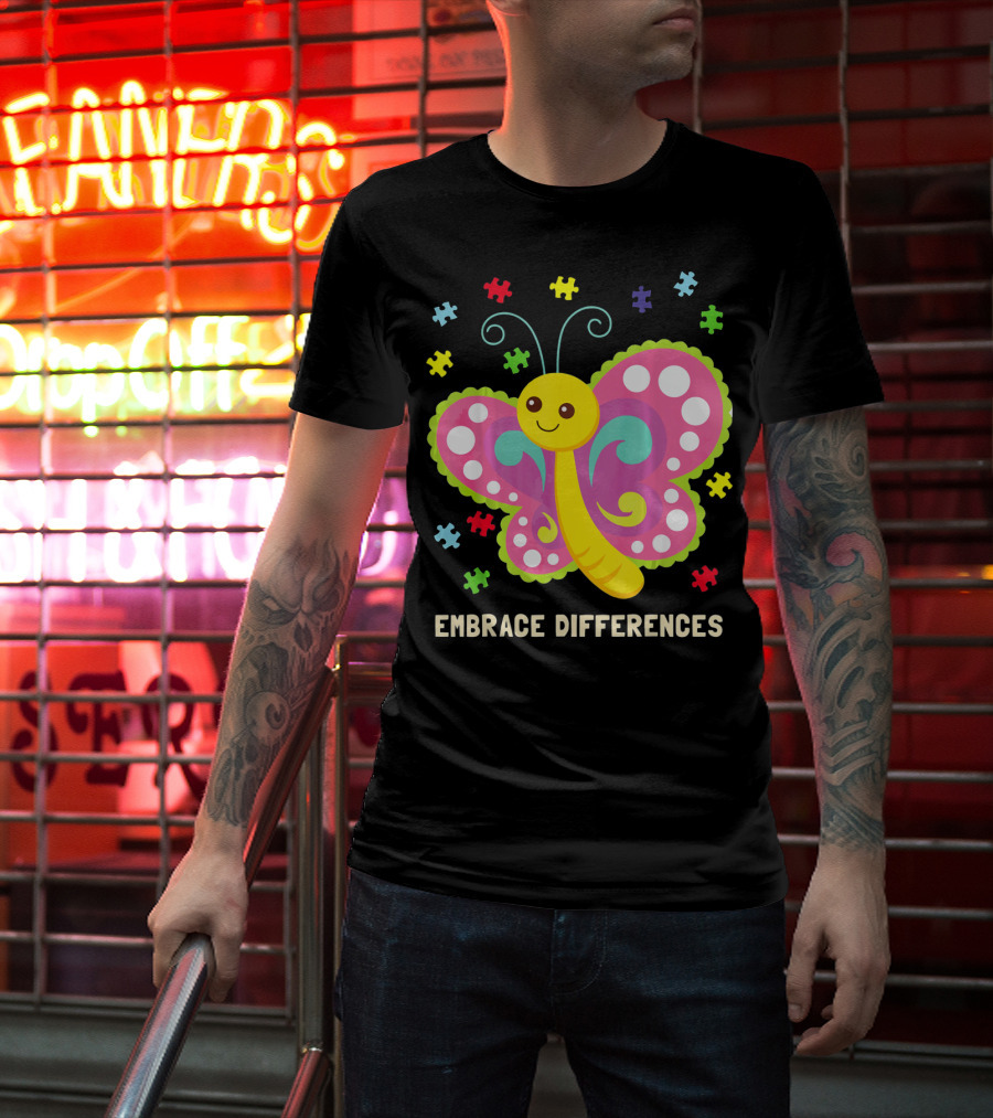 Embrace Differences Autism Awareness Boy Girl Butterfly Puzzle Pieces T-Shirt