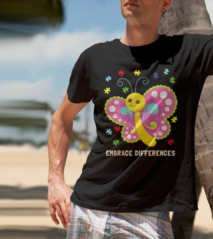 Embrace Differences Autism Awareness Boy Girl Butterfly Puzzle Pieces T-Shirt