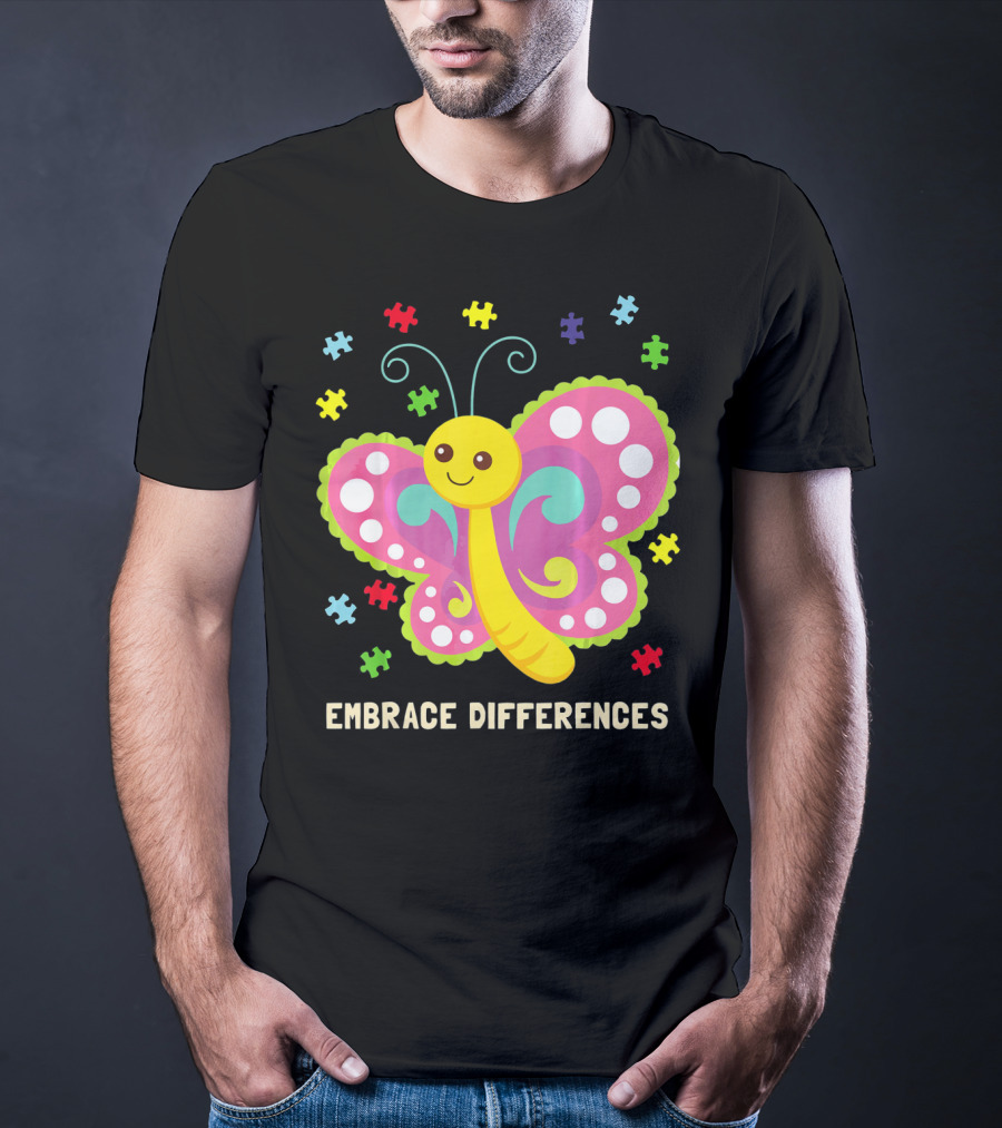 Embrace Differences Autism Awareness Boy Girl Butterfly Puzzle Pieces T-Shirt