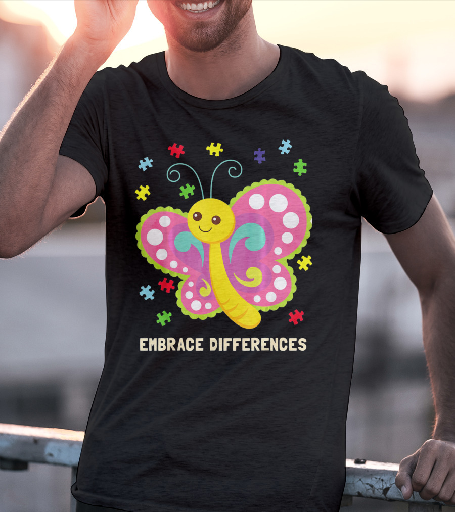 Embrace Differences Autism Awareness Boy Girl Butterfly Puzzle Pieces T-Shirt
