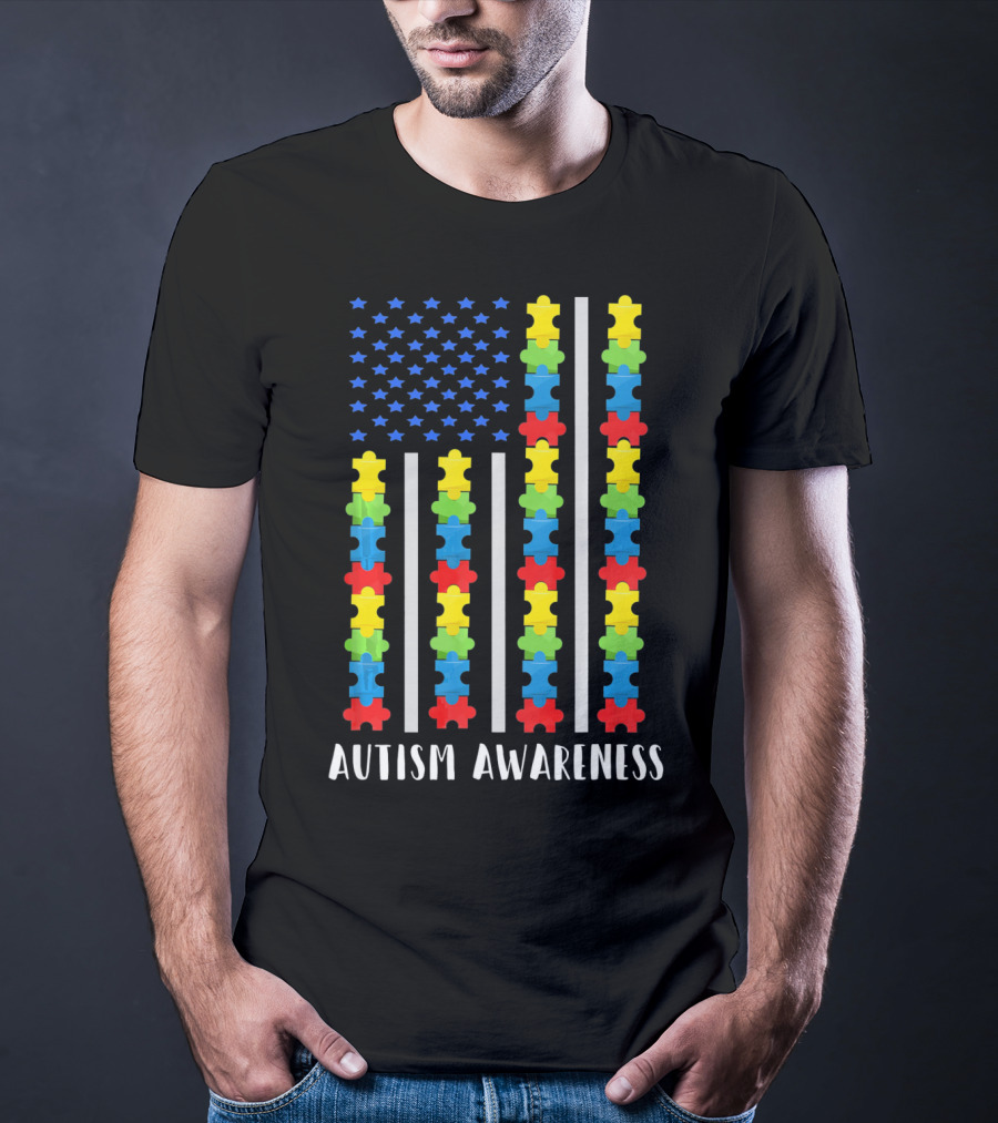 Autism Awareness Puzzle Piece USA Flag T-Shirt