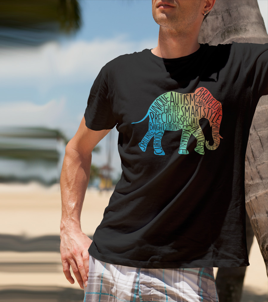 Autism Awareness Elephant Collage Brave Unique Precious Bright Smart Strong T-Shirt