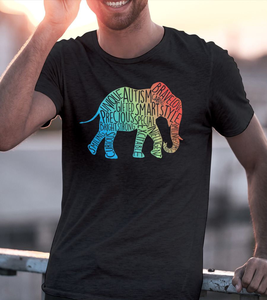 Autism Awareness Elephant Collage Brave Unique Precious Bright Smart Strong T-Shirt