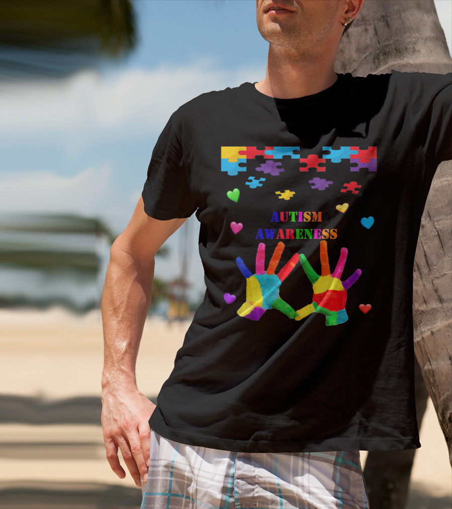 Autism Awareness Colorful Hands With Puzzle Pieces And Hearts T-Shirt