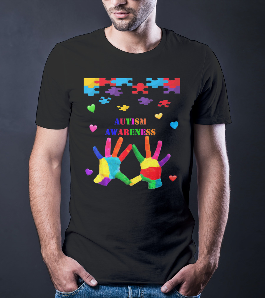Autism Awareness Colorful Hands With Puzzle Pieces And Hearts T-Shirt