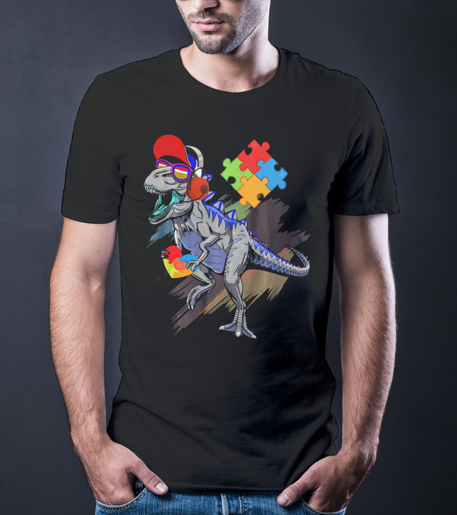 Dinosaur Puzzle Piece Glasses Funny Autism Awareness T-Shirt