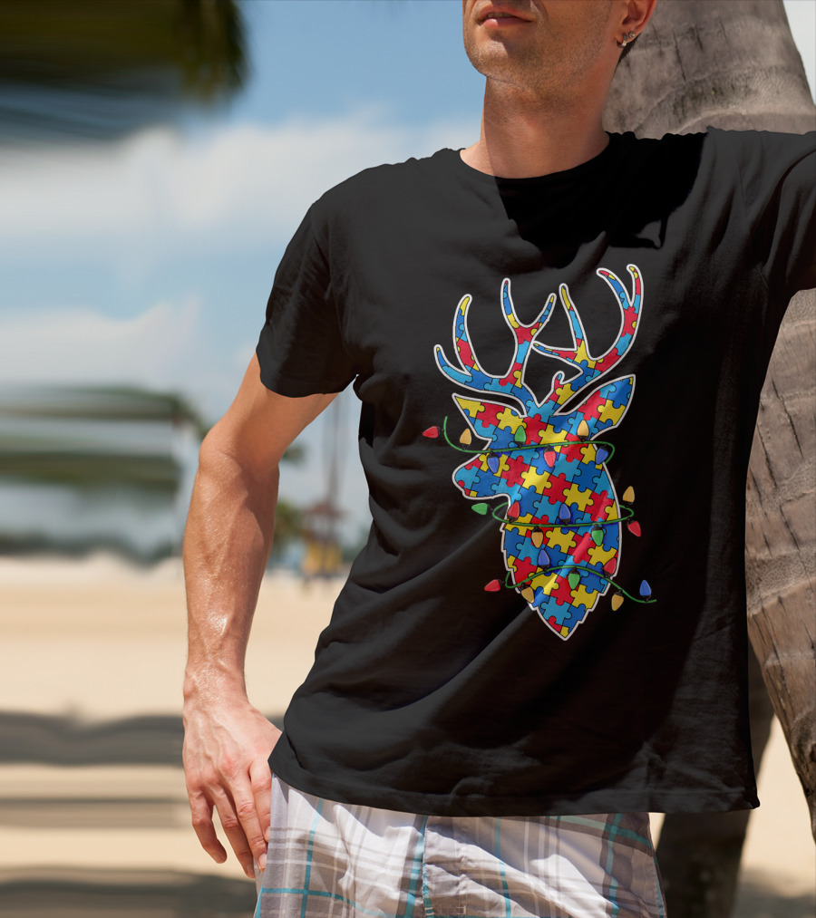 Christmas Autism Awareness Mom Puzzle Reindeer Lights T-Shirt