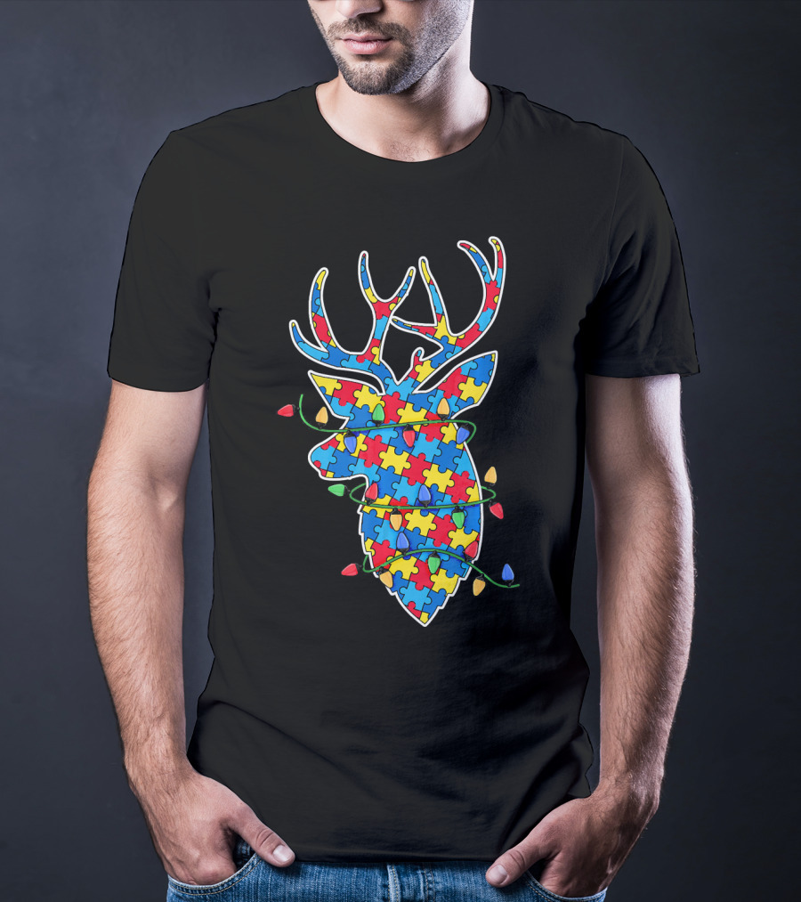 Christmas Autism Awareness Mom Puzzle Reindeer Lights T-Shirt