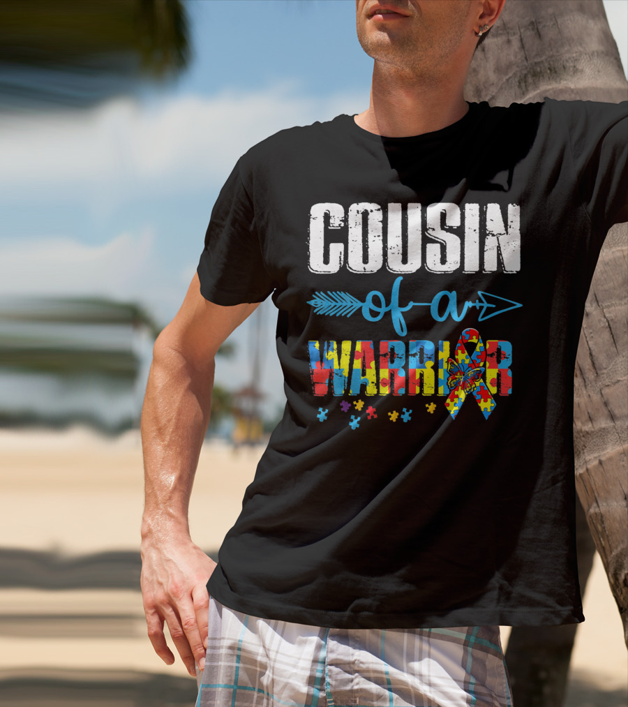 Cousin Of A Warrior Autism Awareness Puzzle Ribbon Butterfly T-Shirt