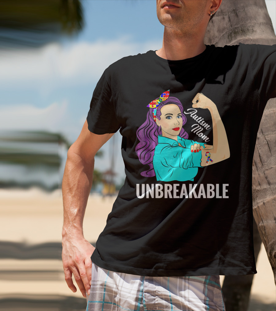 Autism Mom Unbreakable Awareness Rosie The Riveter With Puzzle T-Shirt