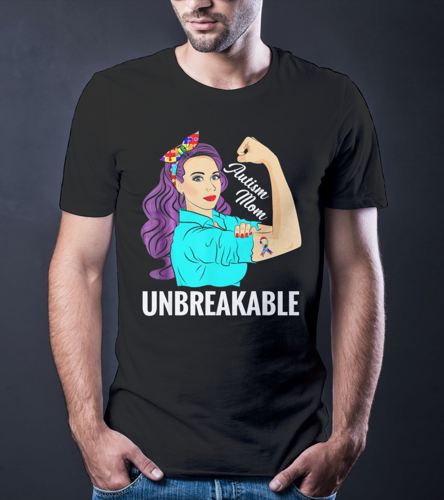 Autism Mom Unbreakable Awareness Rosie The Riveter With Puzzle T-Shirt