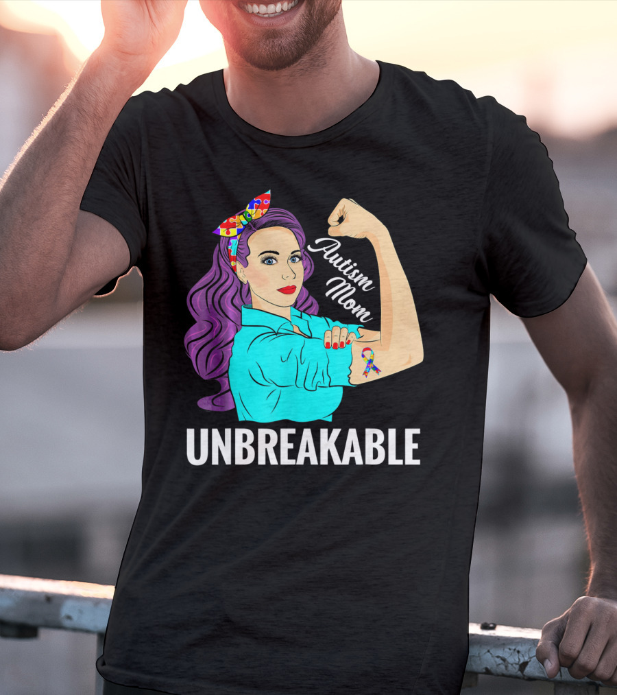 Autism Mom Unbreakable Awareness Rosie The Riveter With Puzzle T-Shirt