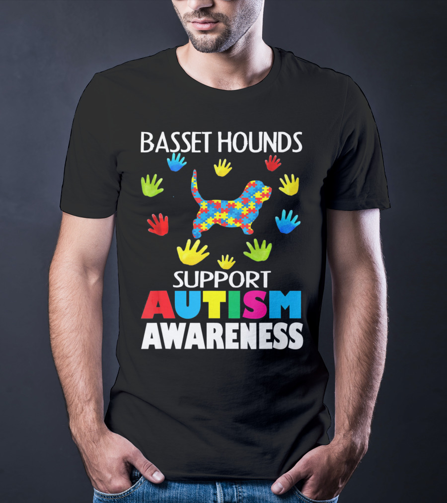 Basset Hounds Support Autism Awareness Puzzle Pattern Hands T-Shirt