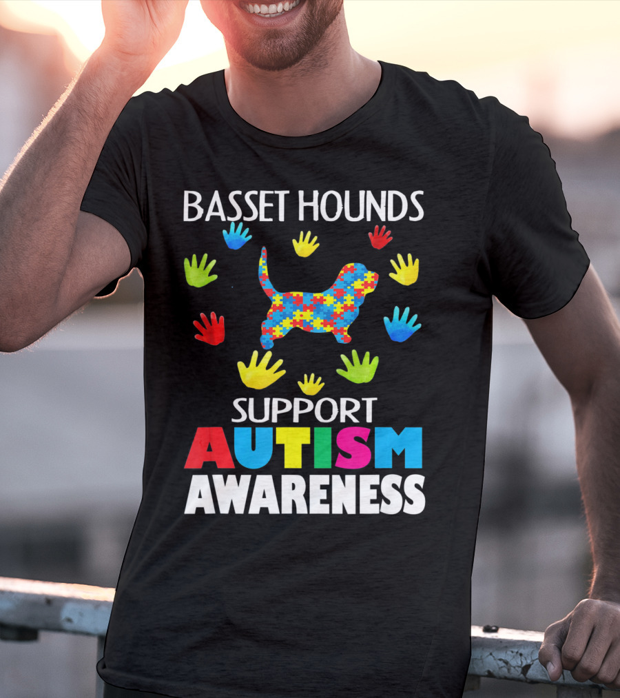 Basset Hounds Support Autism Awareness Puzzle Pattern Hands T-Shirt