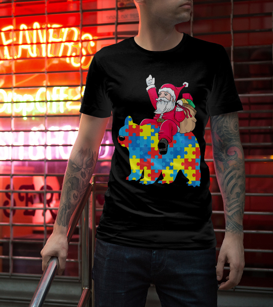 Santa Claus Riding Puzzle Piece Bear Autism Awareness T-Shirt