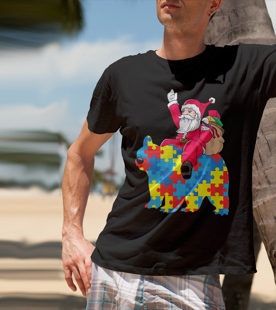 Santa Claus Riding Puzzle Piece Bear Autism Awareness T-Shirt