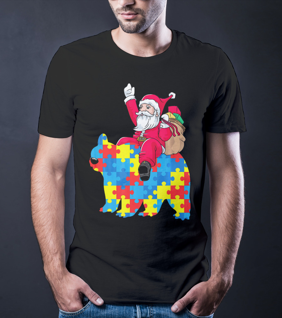 Santa Claus Riding Puzzle Piece Bear Autism Awareness T-Shirt