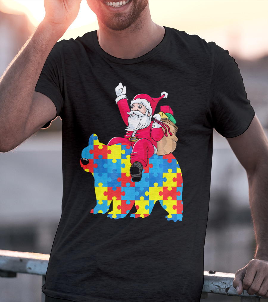 Santa Claus Riding Puzzle Piece Bear Autism Awareness T-Shirt