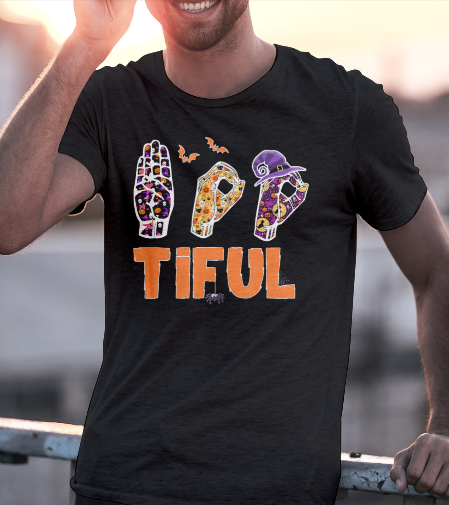 BOO Bootiful Halloween ASL Sign Language Autism With Spooky Hand Signs And Witch Hat T-Shirt