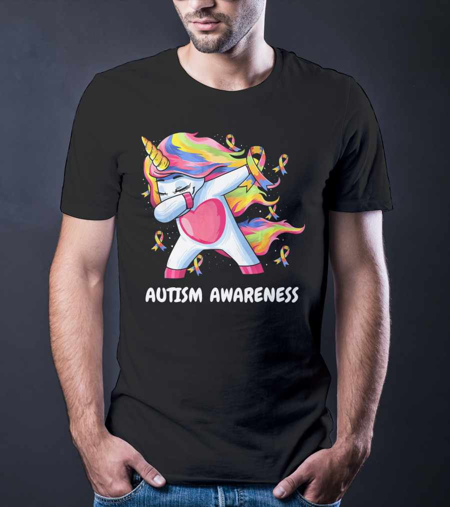 Autism Awareness Dabbing Rainbow Unicorn With Puzzle T-Shirt