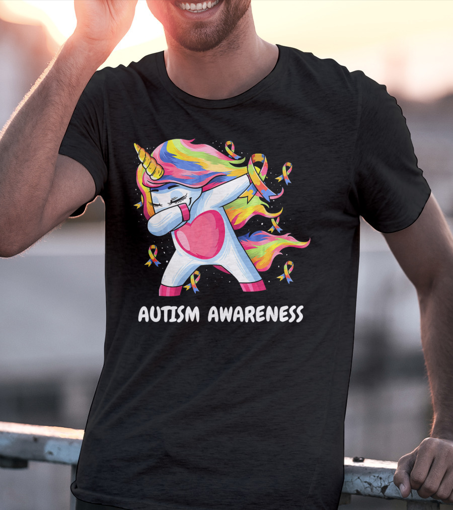 Autism Awareness Dabbing Rainbow Unicorn With Puzzle T-Shirt