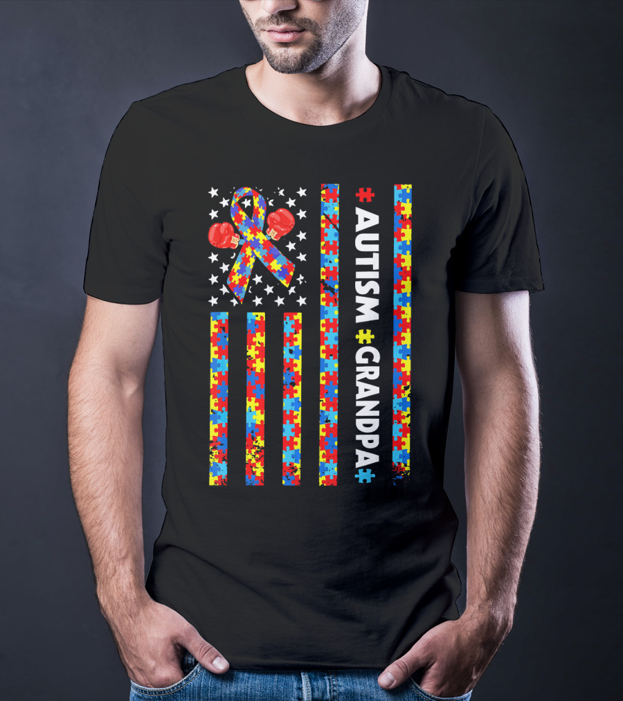 Autism Awareness Grandpa American Flag Puzzle Ribbon Boxing Gloves T-Shirt