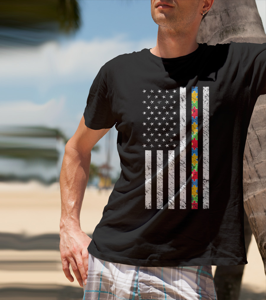 Autism Awareness American Flag Puzzle Piece T-Shirt