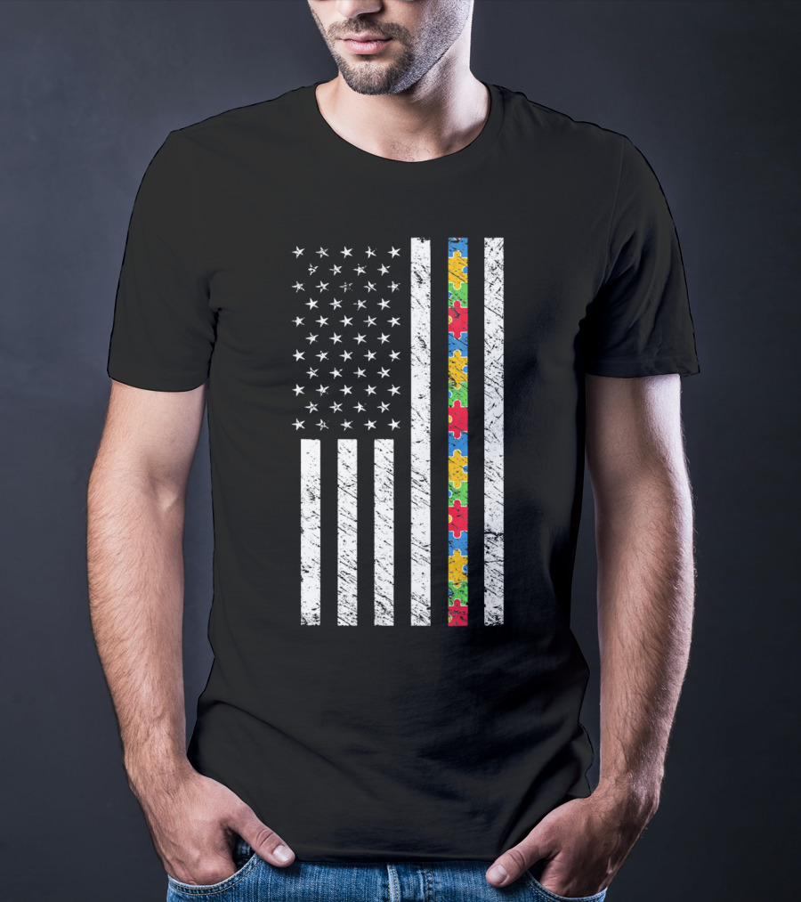 Autism Awareness American Flag Puzzle Piece T-Shirt